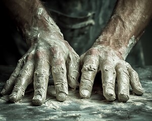 Close-up of dirty hands covered in clay.