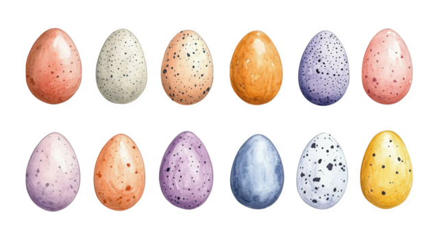 colorful speckled eggs arranged in two rows showcasing a variety of pastel shades and patterns it suggests themes of spring renewal and celebration