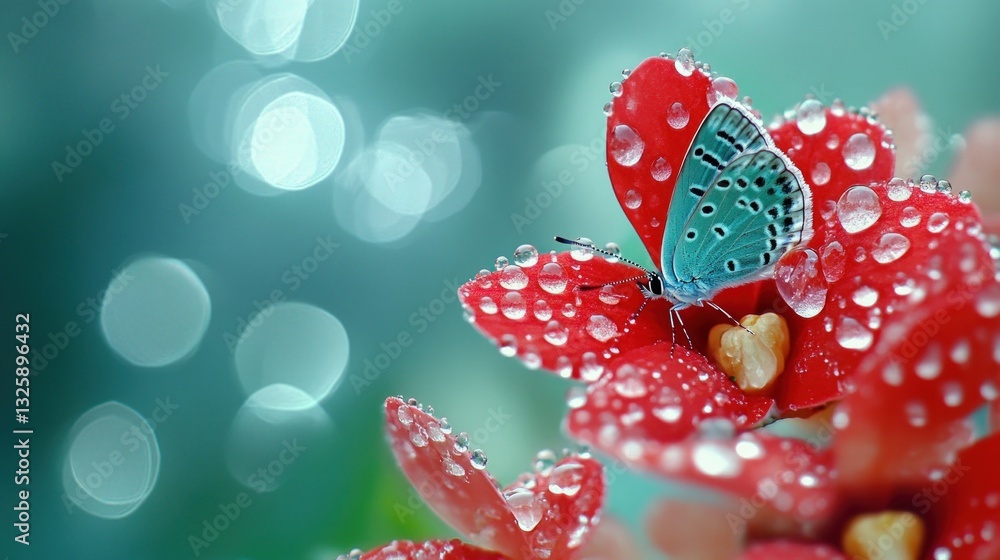 Aufkleber macro shot of generic insect on red flower with water droplets and blurred bokeh background