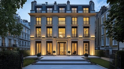 Elegant, modern mansion at twilight, showcasing classic architecture and luxurious exterior.