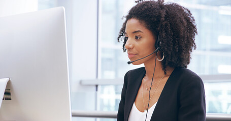 Computer, call center and woman in office for sales, insurance advice or contact us. African agent,...