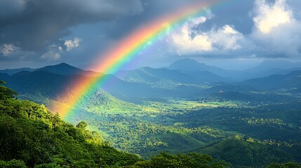 Majestic Rainbow Arcs Over Mountain Valley