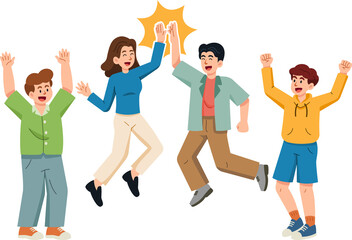 Fototapeta premium A group of male and female friends jumped to High five touch each other hand and raised their hands