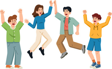 A group of male and female friends jumped to High five touch each other hand and raised their hands