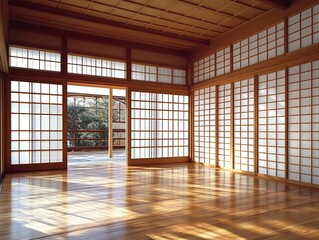 Serene Japanese Room with Open Shoji Screens and Wood Floor