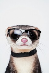 Ferret wearing sunglasses looking confident and trendy, adorable pet portrait, animal fashion, cute creature, playful personality, furry friend close-up.
