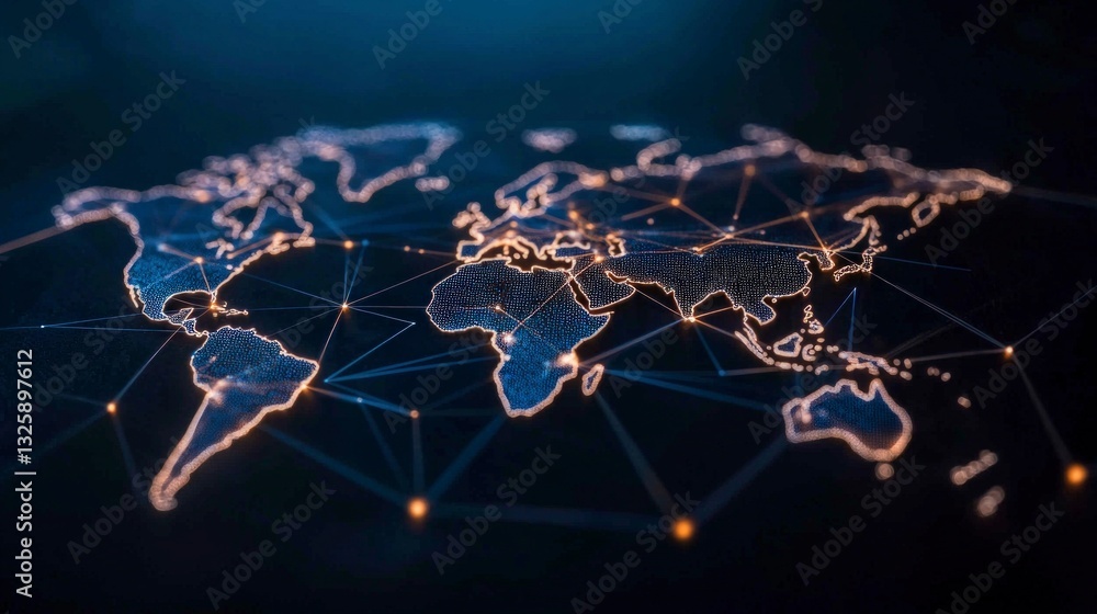 Poster global network digital world map interconnected continents data flow business technol