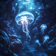 Enchanting bioluminescent jellyfish underwater scene