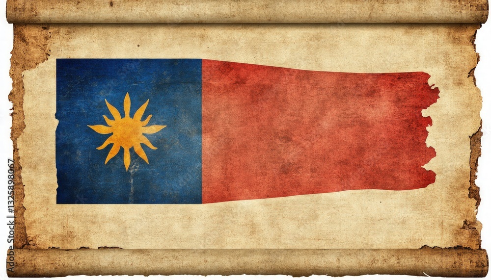 Poster scroll with flag illustration. textured paper scroll with torn edges displaying a blue and red flag 
