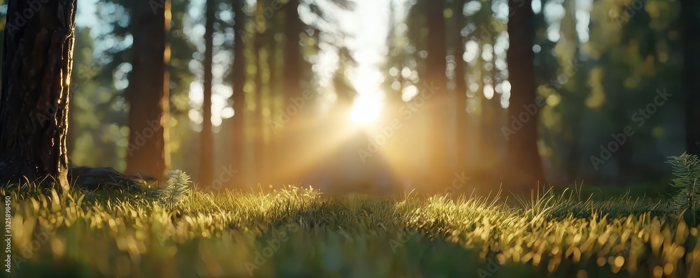 Poster a serene forest scene illuminated by soft sunlight filtering through the trees, casting a warm glow 