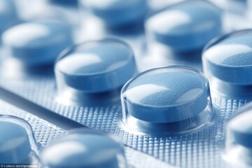 Detailed image of blue pills in a blister pack, showcasing medical, pharmaceutical, and healthcare themes.