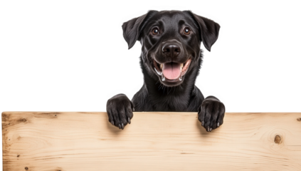 a cheerful black dog with a big smile is peeking over a wooden sign conveying a playful and friendly vibe. bright and inviting perfect for pet-related promotions or social media posts