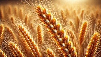 Golden wheat field with ripe stalks illuminated by warm sunlight in a rural landscape

