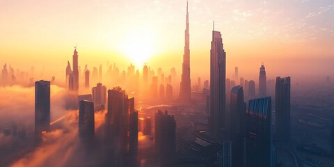 Golden sunrise over a city skyline, skyscrapers emerging from clouds.