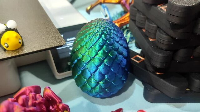 Object of shape egg printed on a 3D printer from molten colored plastic. Creative multicolored models printed on 3D printer. Concept 3D Printing technology. New modern 3D Printing additive technology