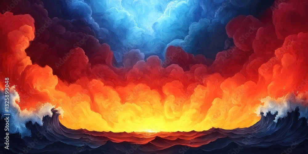 Poster a vibrant sunset with dynamic clouds, blending colors from blue to fiery orange, illuminating the ho