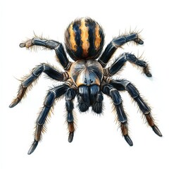 A mesmerizing watercolor tarantula, up-close, with striking black and orange stripes, gazing rightward in vivid detail