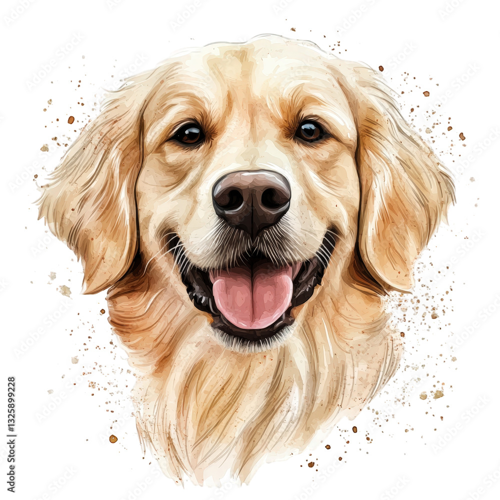 Poster a cheerful illustration of a golden retriever with a joyful expression featuring soft fur and a play