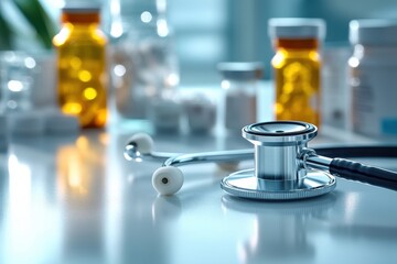 Close-up of a stethoscope on a table with blurred medicine bottles in the background, symbolizing healthcare and medical practice.