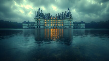 Naklejka premium Misty Chateau Reflection at Dusk