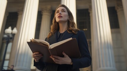 Woman in a suit holding a large book, standing in front of a classical building.