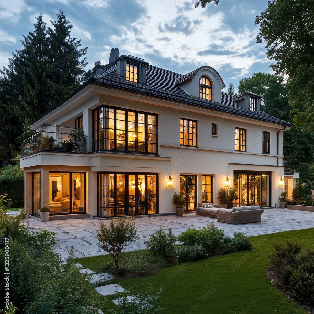 Poster elegant modern house at dusk with large windows and landscaped yard, casting a warm and inviting glo