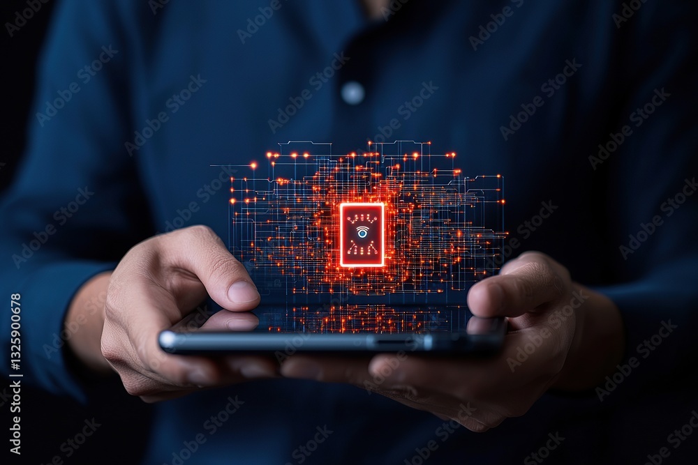 Aufkleber a person holds a smartphone displaying a digital circuit design, symbolizing technology and connecti