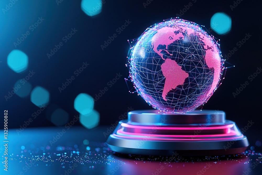 Aufkleber a glowing globe with a digital design, floating above a circular base in a dark background.