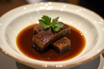 A beautifully plated mole poblano dish, with dark sauce contrasting against a white ceramic plate.