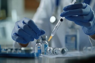 Close-up of a doctor in gloves filling a syringe with vaccine from vials, set in a clinical lab environment.