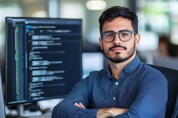 Fototapeta premium Professional male developer focused on coding, sitting at a desk with a computer screen displaying code.