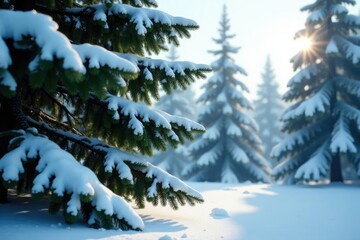 Fototapeta premium Snow-covered evergreen tree with branches stretching towards the sky, woodland scene, evergreen details