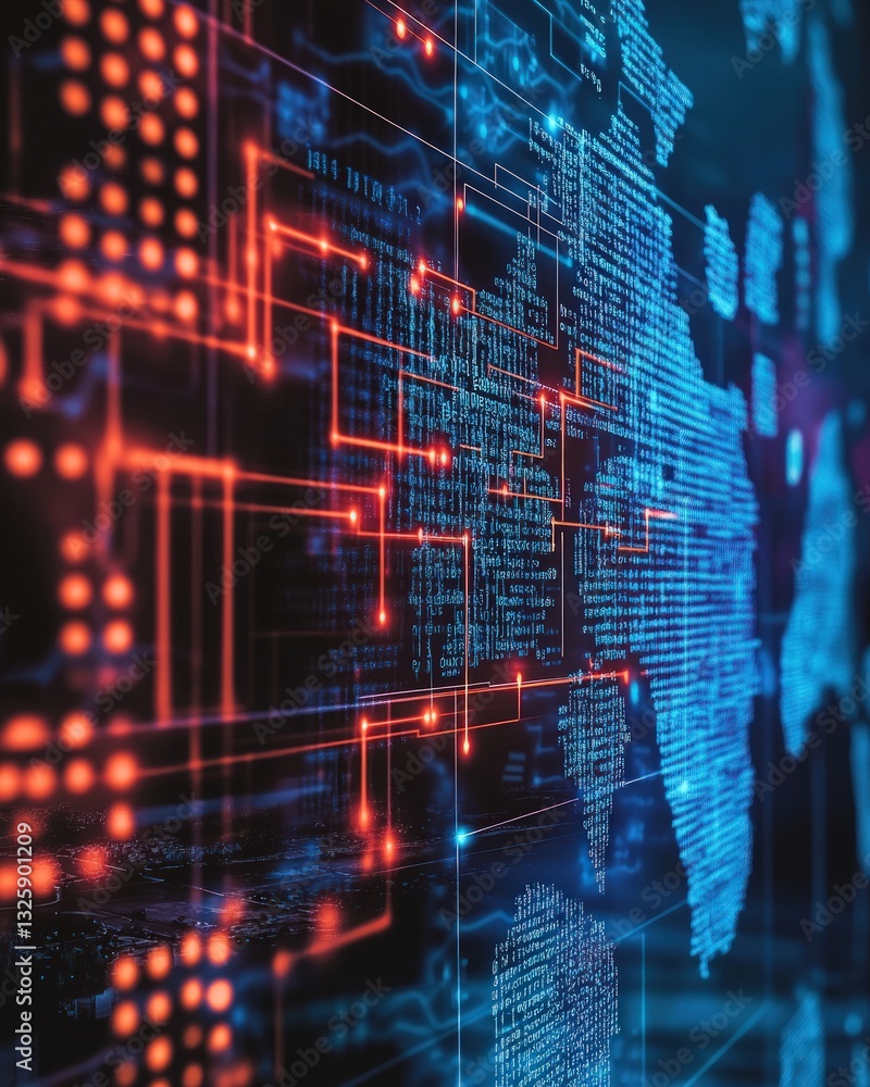Poster abstract digital world map in blue tones with glowing red network lines illustrating data and commun