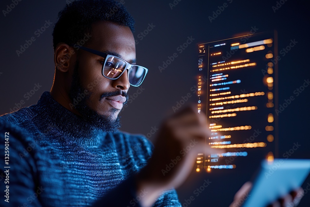 Poster focused individual using a tablet with digital code displayed, highlighting technology and innovatio
