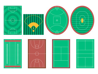 Sport fields soccer baseball cricket yard field basketball badminton tennis volleyball court American Australian football rugby arena indoor outdoor stadium set collection illustration