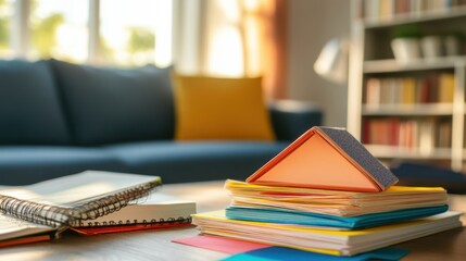 Bright Living Room with Stationery and Colorful Notebooks on Table