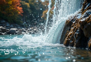 turquoise rapids rushing over rocky river cascade, crystal clear mountain stream with autumn colors, wild water nature scene. perfect for adventure or environmental themes.