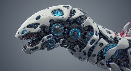 Mechanical Dinosaur Head: Futuristic Robotic Creature Design,Detailed Gears and Lights