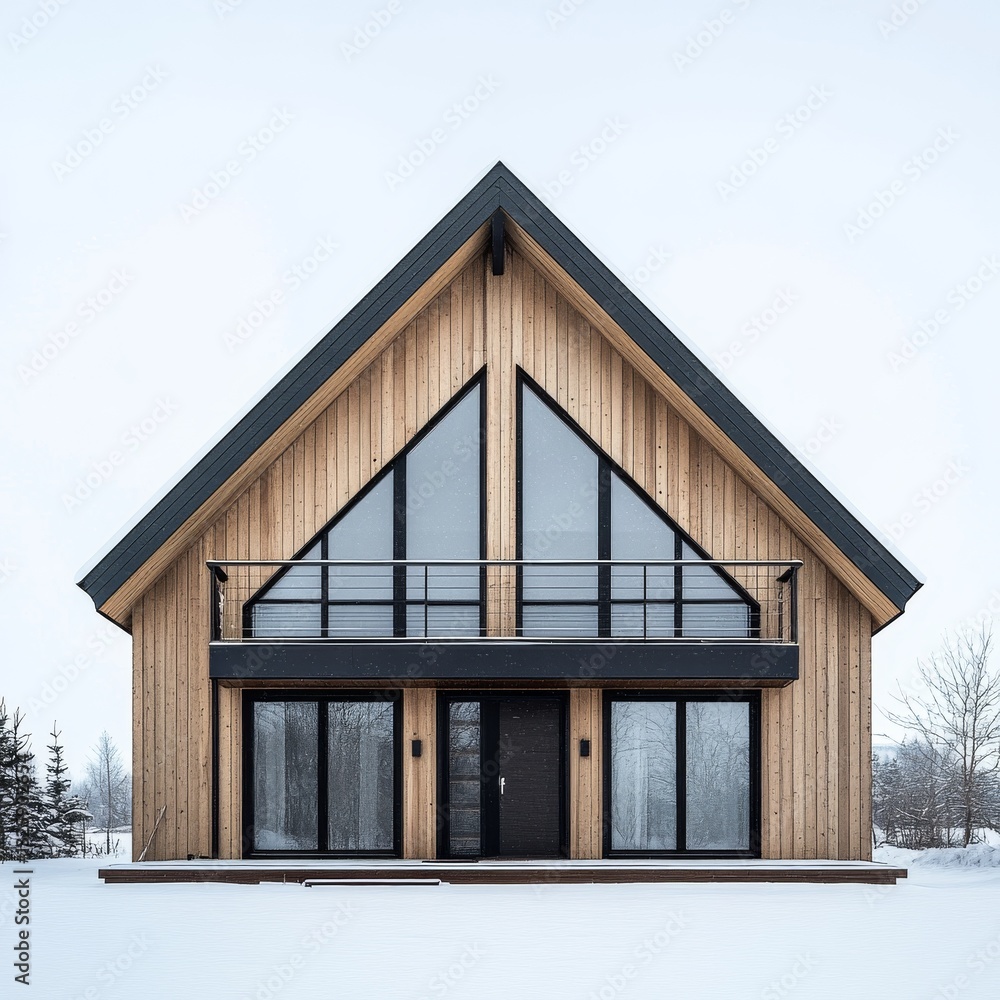 Poster modern a-frame cabin in winter landscape: a sleek scandinavian design with wood siding and triangula