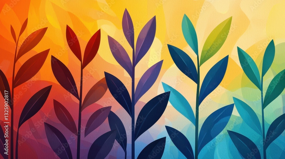 Poster a vibrant abstract design featuring colorful leaves against a gradient background, showcasing a harm
