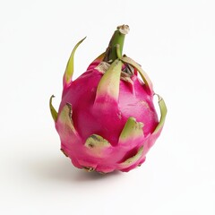 Fototapeta premium Dragon fruit close-up photo on white background, exotic tropical fruit with vibrant pink skin and green tips, healthy nutrition, vegan diets, organic food.