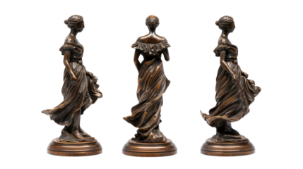 Bronze statue of dancing woman with flowing dress on transparent background