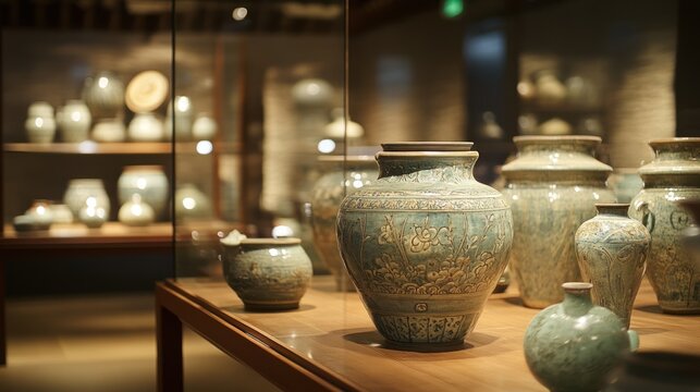 Antique glazed pottery display case in museum