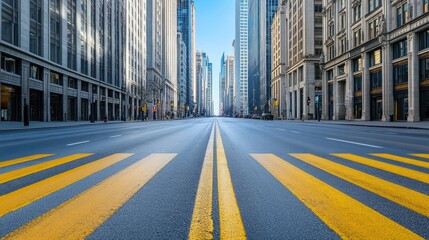 Obraz premium Empty city street with tall buildings on both sides, yellow crosswalks, and a clear blue sky.