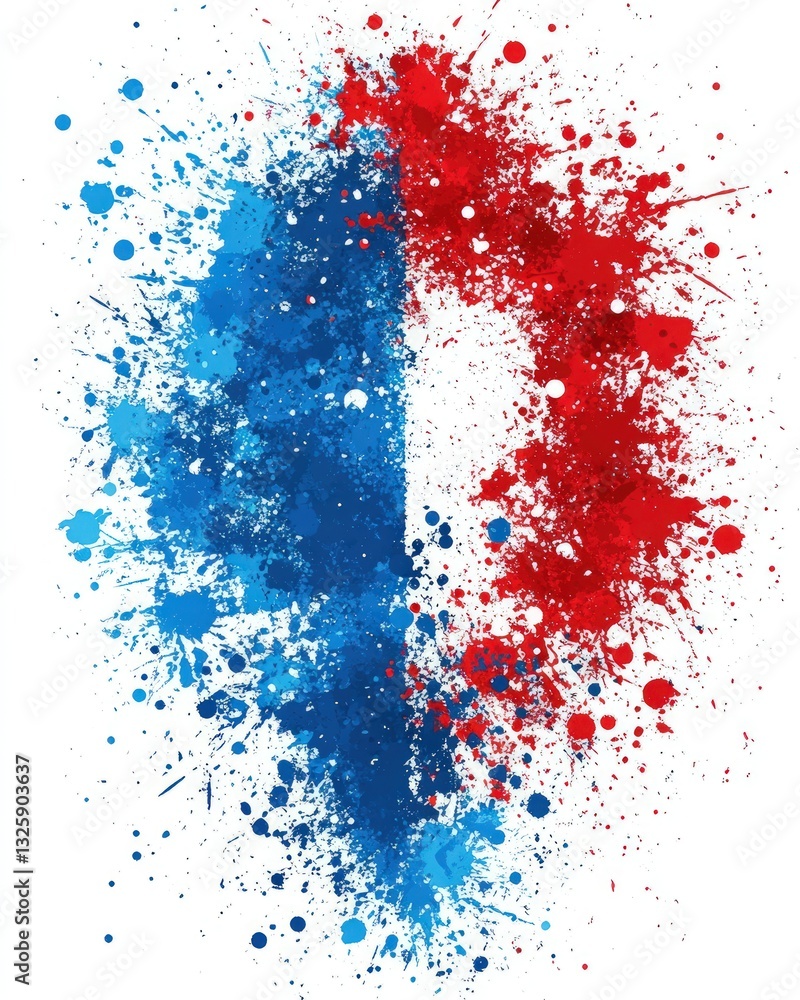 Poster abstract design of blue and red paint splatter in vertical stripes on white background. resembling a