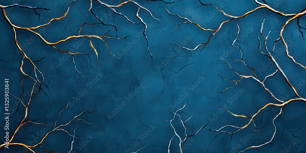 Poster an abstract texture featuring dark blue tones with intricate golden branches or veins interspersed a
