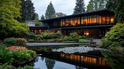 Fototapeta premium Elegant modern house reflecting twilight colors in the serene garden pond