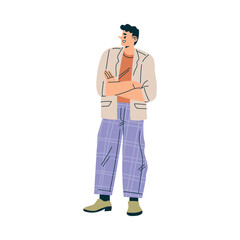 Obraz premium Man Character Stand with Folded Arm and Talk to Somebody Vector Illustration