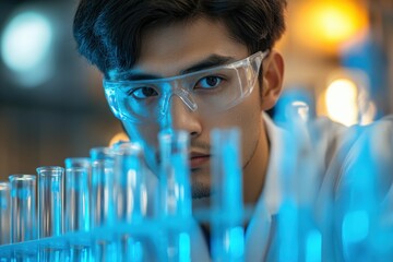 Close-up of a scientist examining test tubes in a laboratory, wearing protective eyewear, emphasizing science and research.