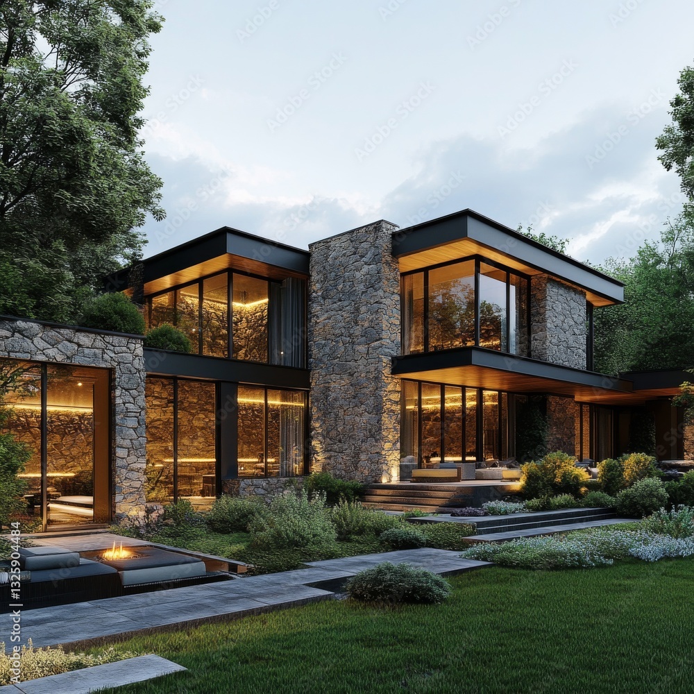 Aufkleber modern stone house with expansive windows and elegant landscaping at dusk, creating a warm and invit
